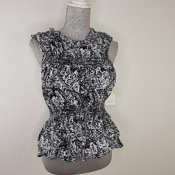 a.n.a Black and White Paisley Sleeveless Peplum Blouse Size Medium - Picture 2 of 6